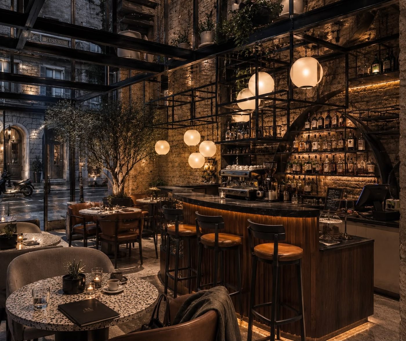Inside Kind of Bar: globe pendants glowing over the bar, black steel frames against vaulted stone, terrazzo tables