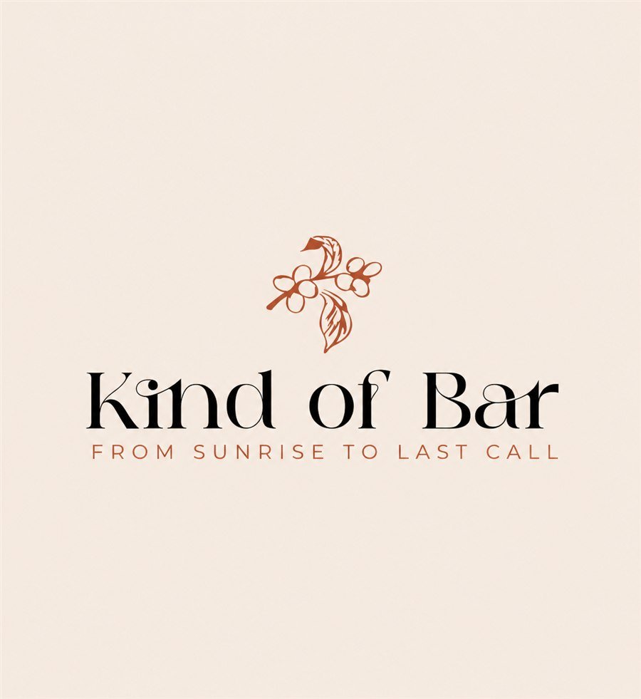 Kind of Bar — dark lettering with a terracotta coffee branch on warm paper